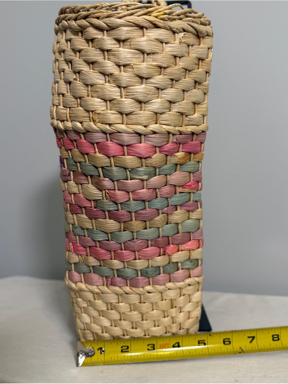 Vintage Straw Tote Market Bag Woven Pastel Pink Blue Purple Diamond Pattern - Picture 14 of 16